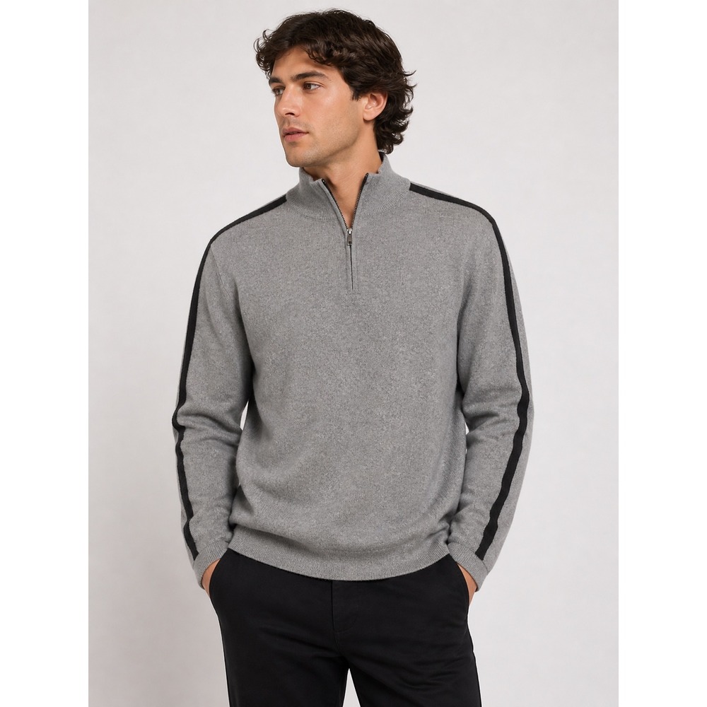 Lochmere Pure Cashmere Quarter Zip Sweater Gray Black Stripe Mens XL Mock Neck